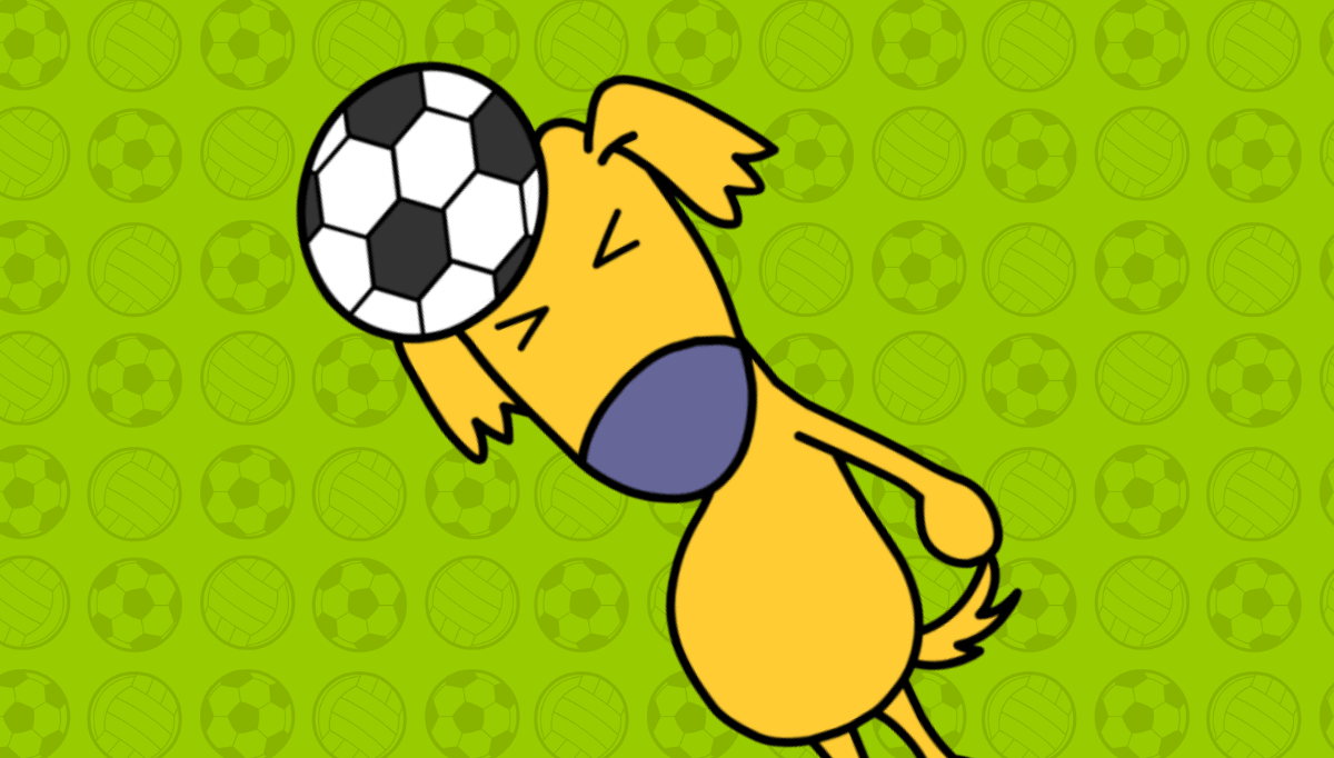 Children’s football activity idea showing the Busy Things dog heading a football during World Cup-inspired football games for children.