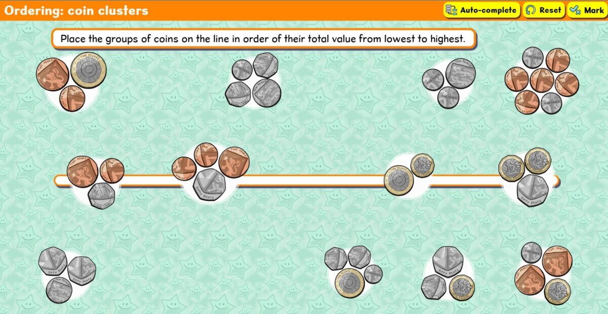Coin ordering activity screenshot (KS1 Maths)