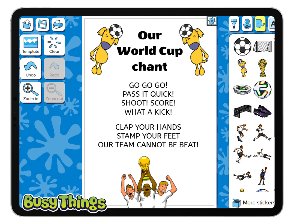 Football chant writing activity on Busy Things showing a child-created World Cup chant made with Busy Publisher.