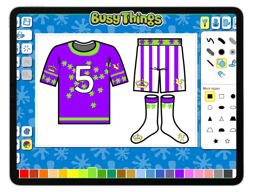 Football kit design activity on Busy Things where children can create and decorate their own football shirts, shorts and socks.