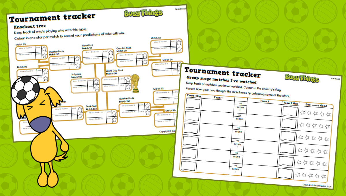 Printable Football World Cup tournament tracker and matches watched tracker for children included in the free activity pack.