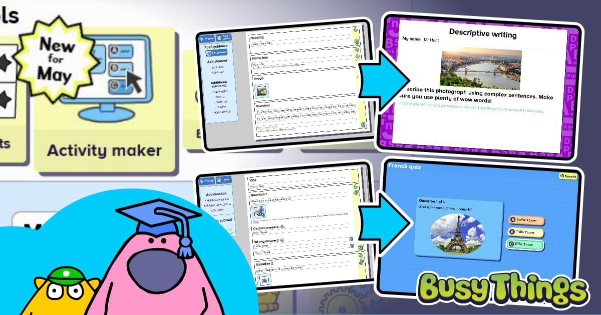 Activity Maker blog image, showing a quiz and writing project