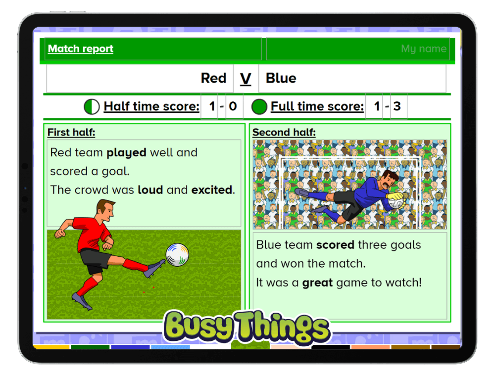 Football match report writing activity on Busy Things where children write about key moments and results from a football match.