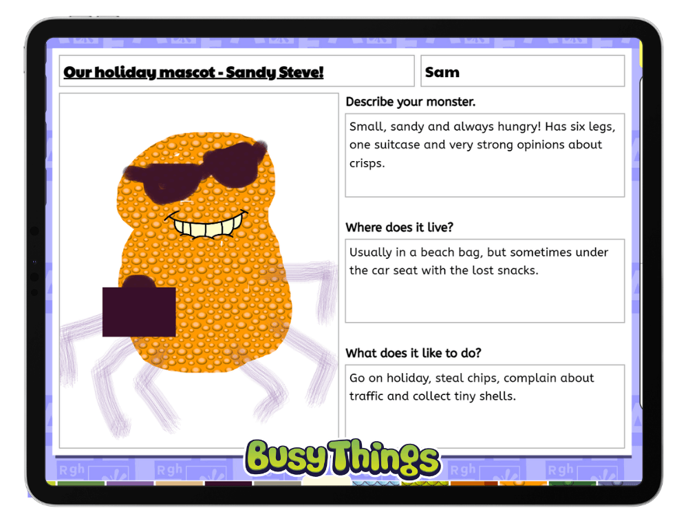 Busy Things Design a Monster activity used to create a funny travel mascot