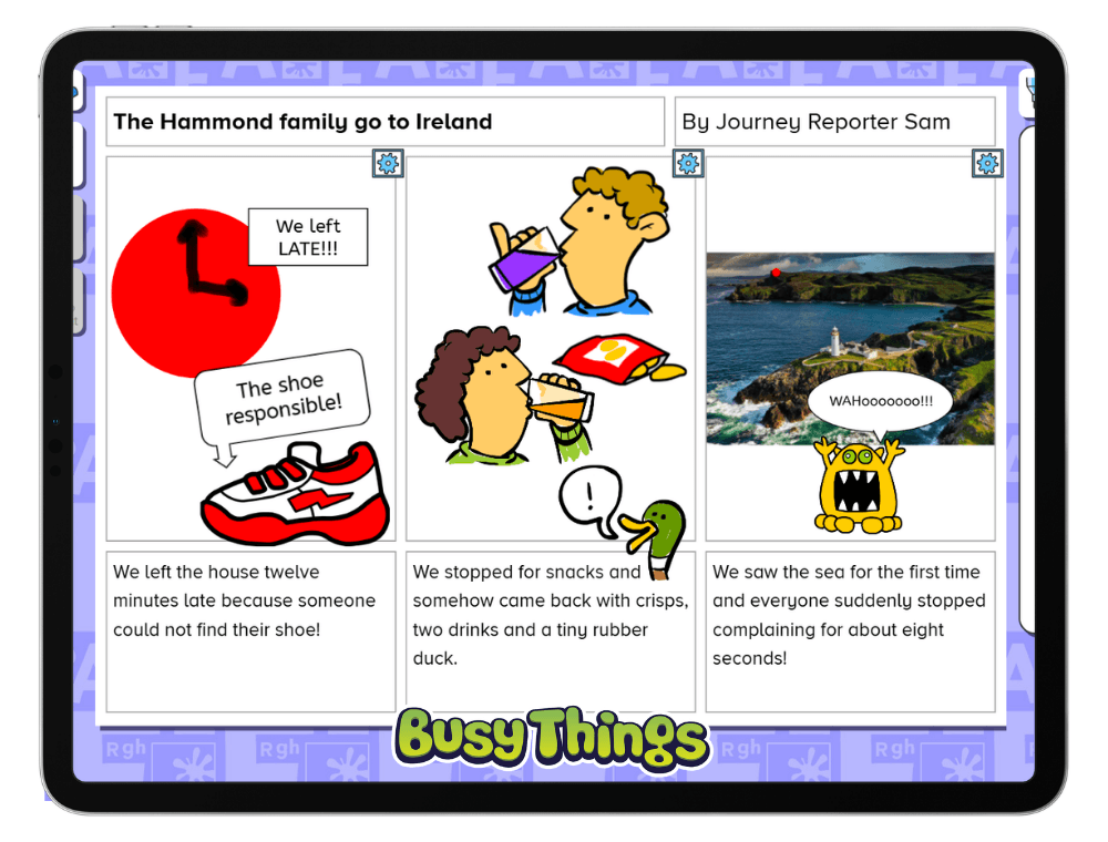 Busy Things Busy Publisher activity showing a child’s travel report with images and text
