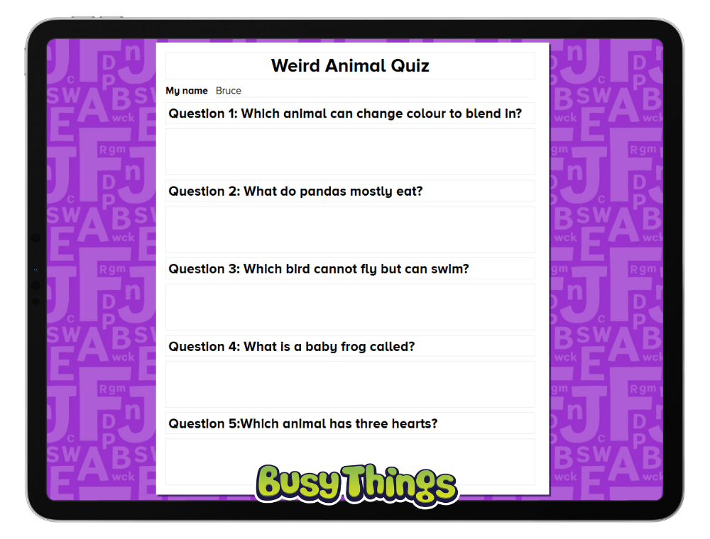 Busy Things Busy Publisher quiz sheet activity with five animal quiz questions