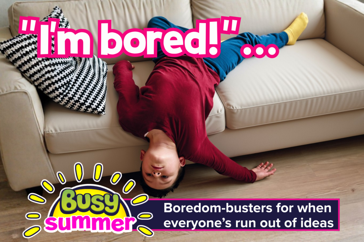 Busy Summer I’m bored blog header with child lying upside down on a sofa and boredom-buster activity ideas for children