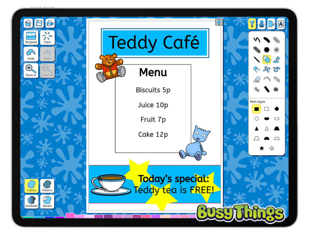 Busy Things Busy Publisher Teddy Café menu for a mini business activity