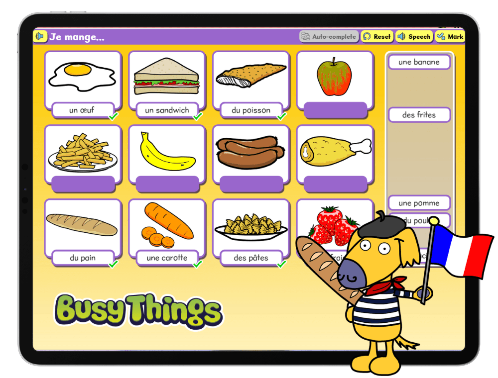 Busy Things language worksheet with French and Spanish vocabulary 