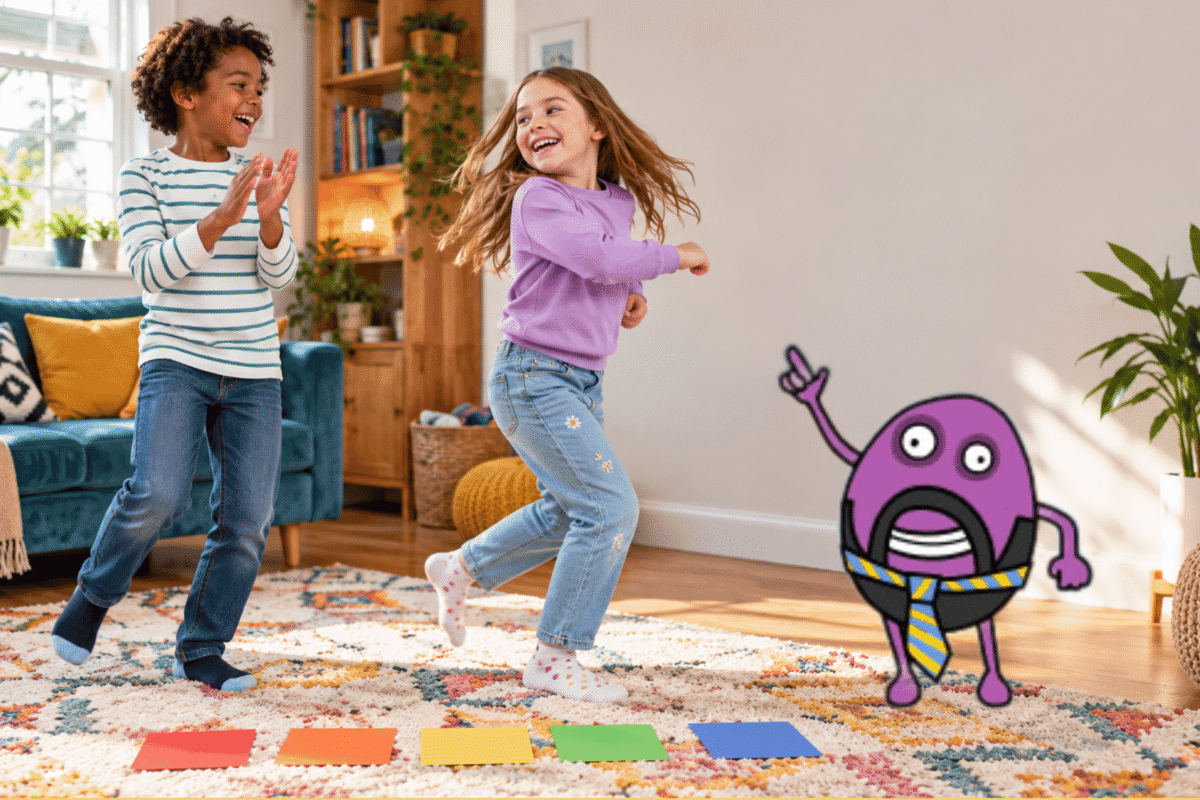 Children using coloured cards to create a coded dance sequence at home.