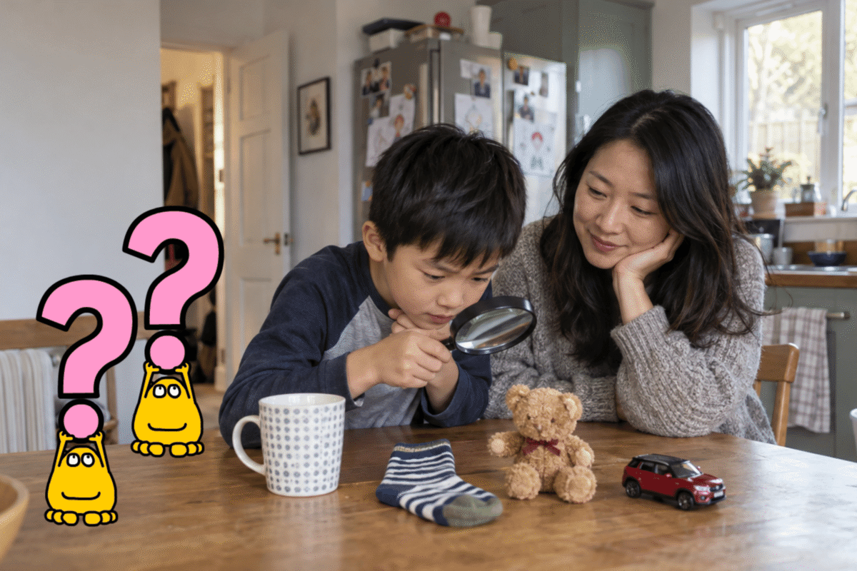 Child using yes-or-no questions to narrow down four objects in a coding logic game.