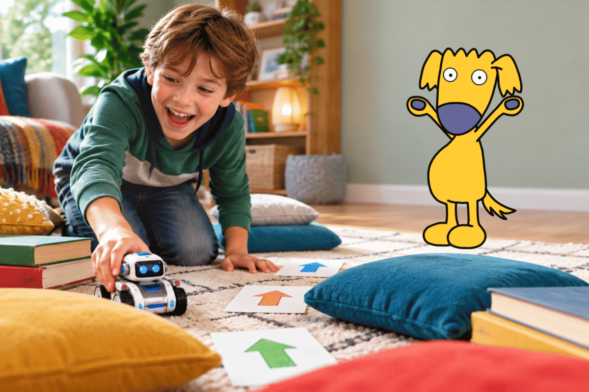 Family trying coding activities for children at home using direction cards and a toy robot.