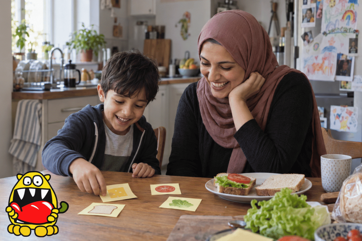 Mother and son debugging a muddled sandwich-making sequence using picture cards.