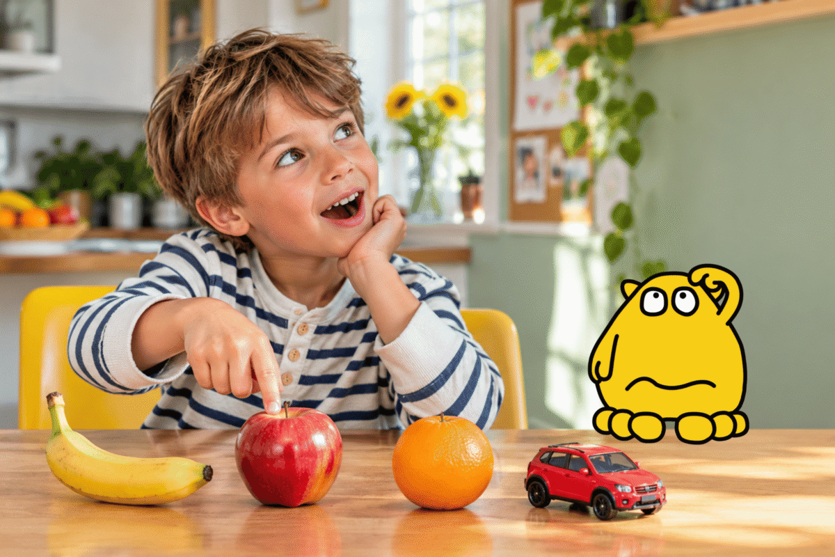 Child deciding which object is the odd one out in a coding logic activity.