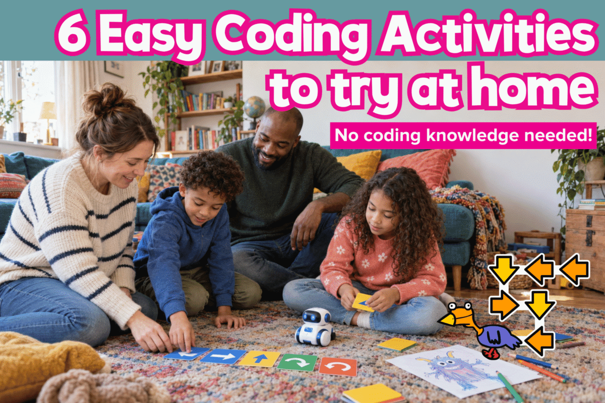 Family arranging colourful direction cards during a screen-free coding activity at home.