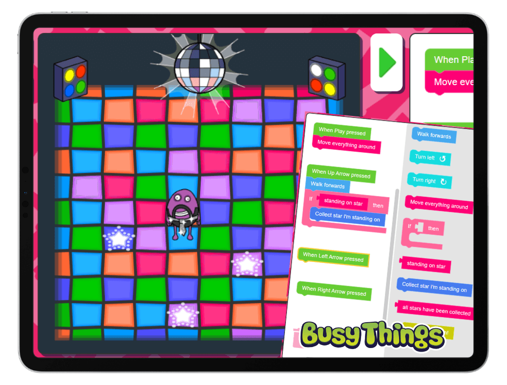 Busy Disco coding game with Beard Man collecting stars