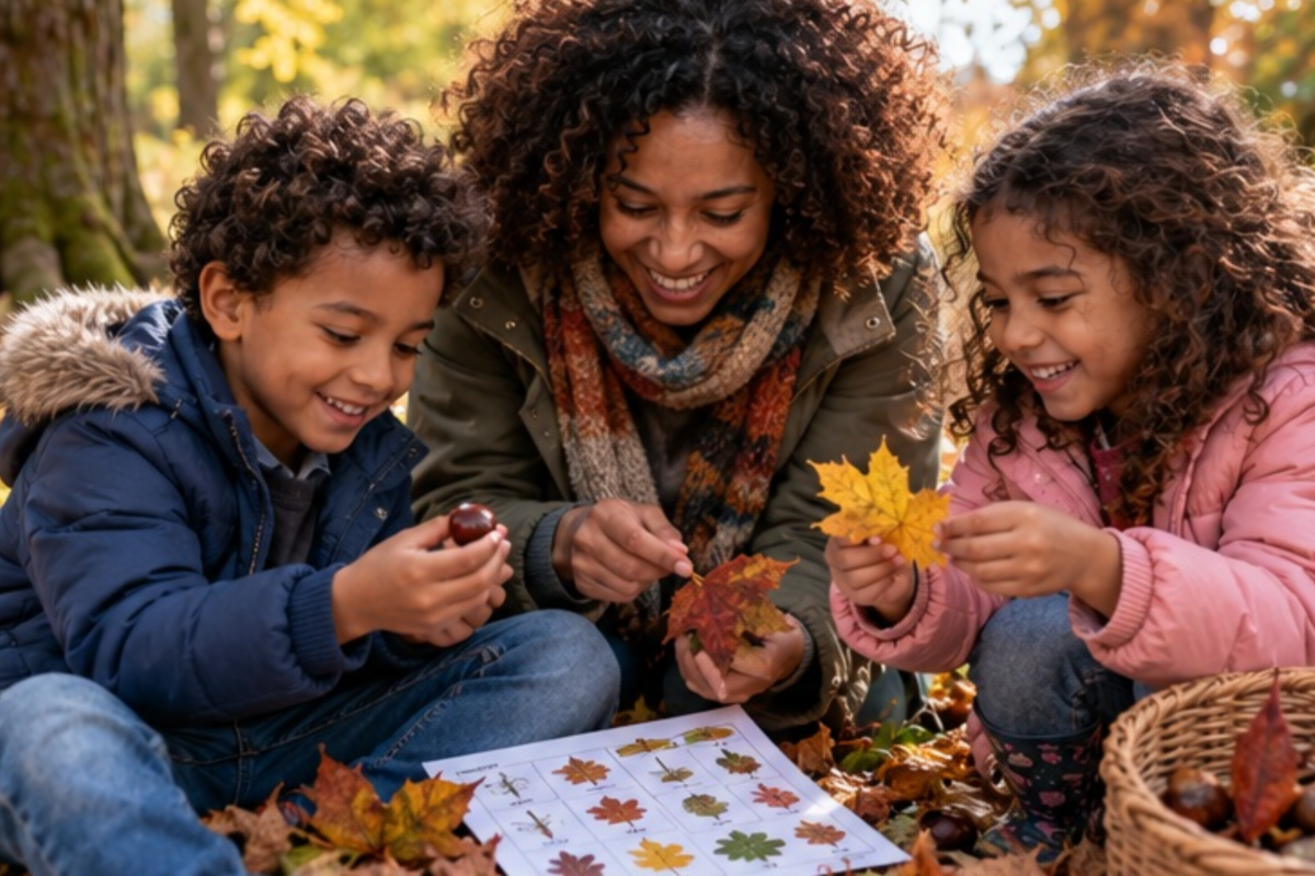 Mother and two children exploring colourful autumn leaves and conkers during a woodland nature hunt.