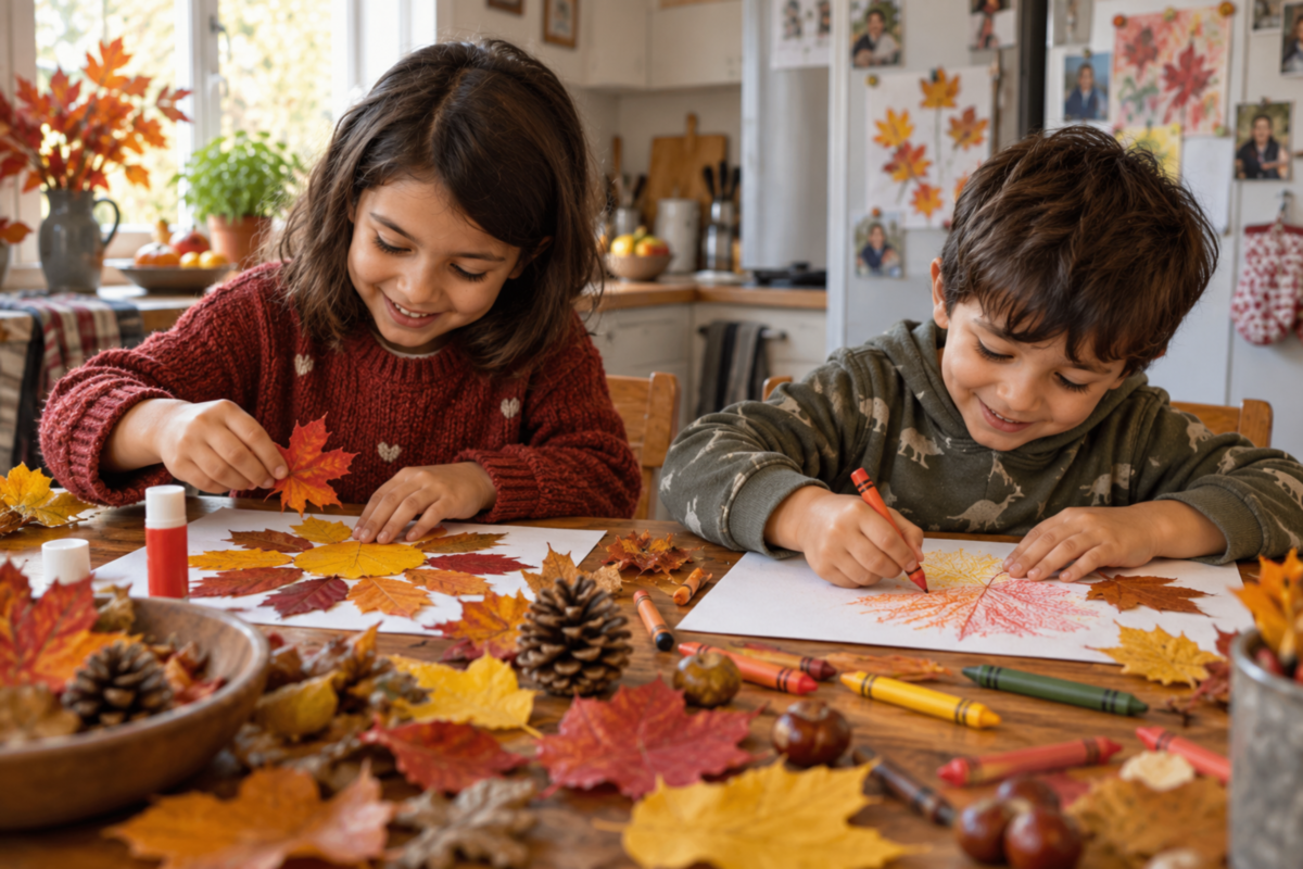 Two children making colourful autumn leaf pictures using crayons and fallen leaves at home.