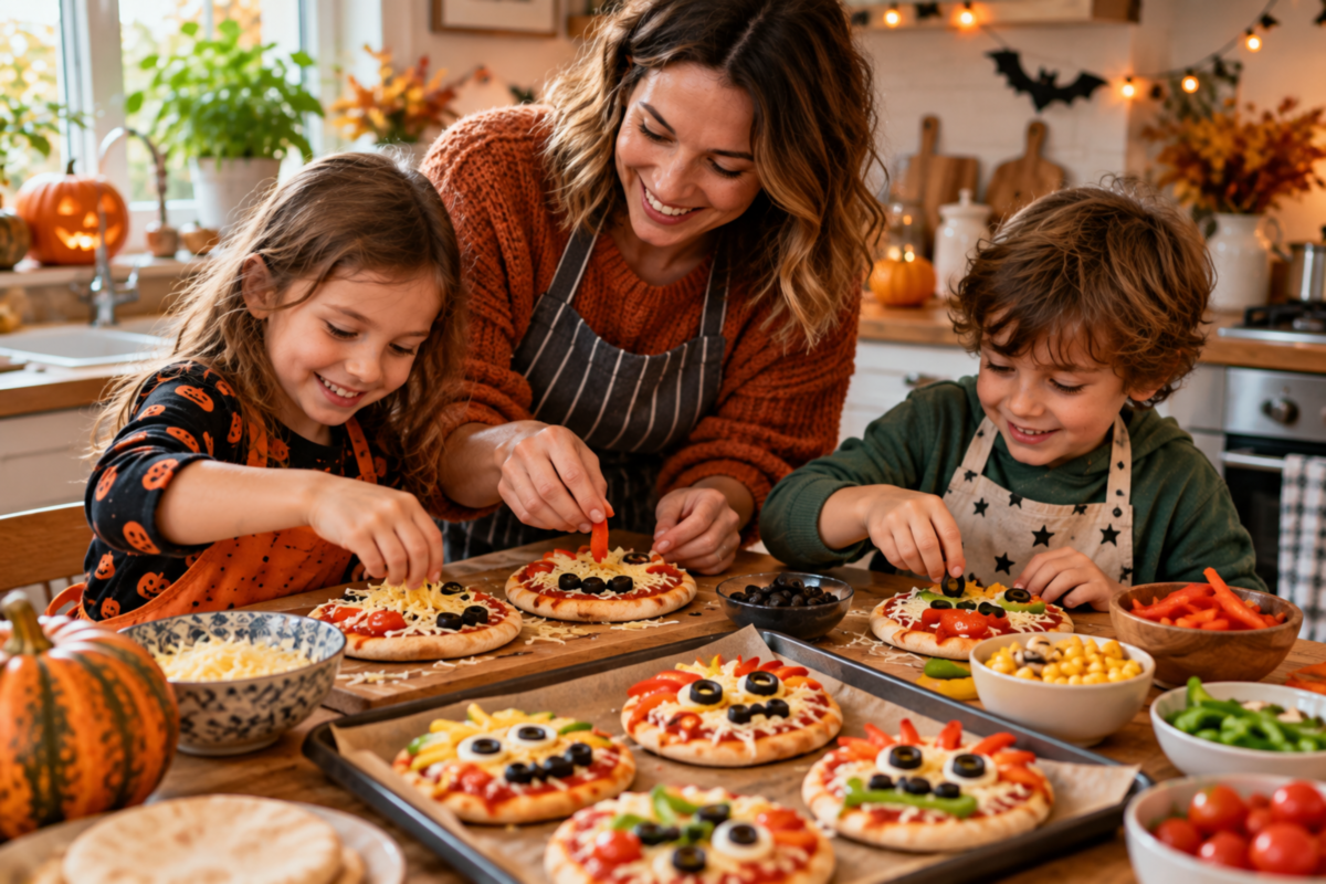 Mother and two children making Halloween monster pizzas with colourful vegetable toppings.