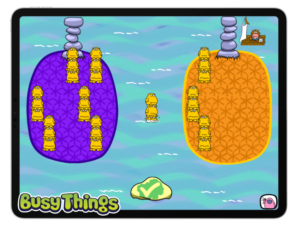 Busy Things Island Stacks game showing quantities visually as children practise addition