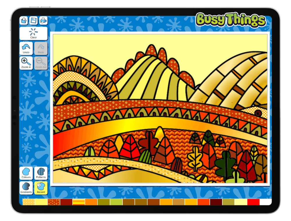 Colourful patterned artwork created using the Busy Things mindful colouring activity.