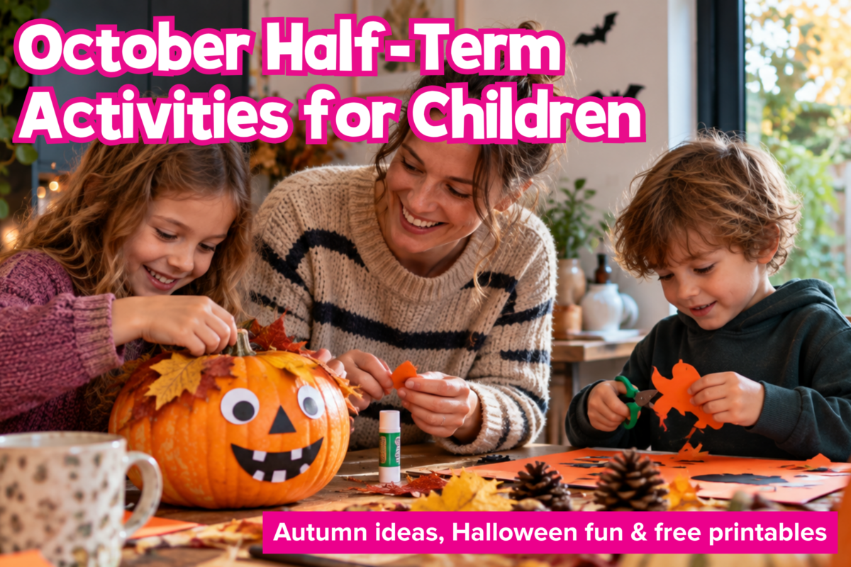 Mother and two children enjoying autumn and Halloween craft activities together at home