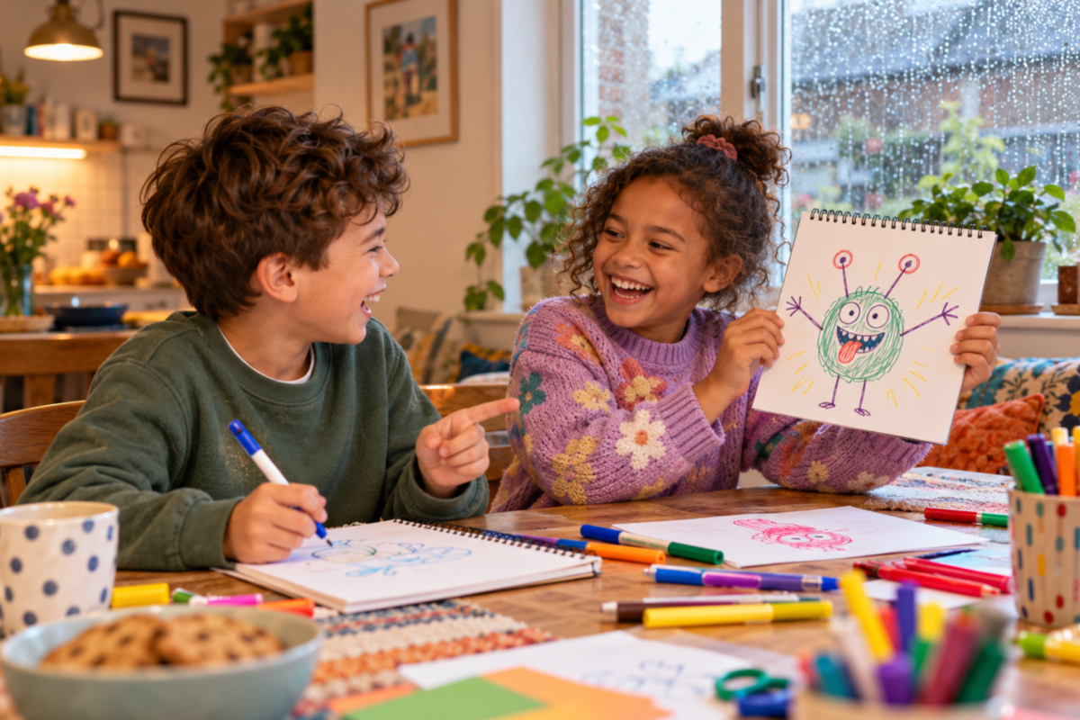 Two children laughing together and showing their funny monster drawings on a rainy day at home.