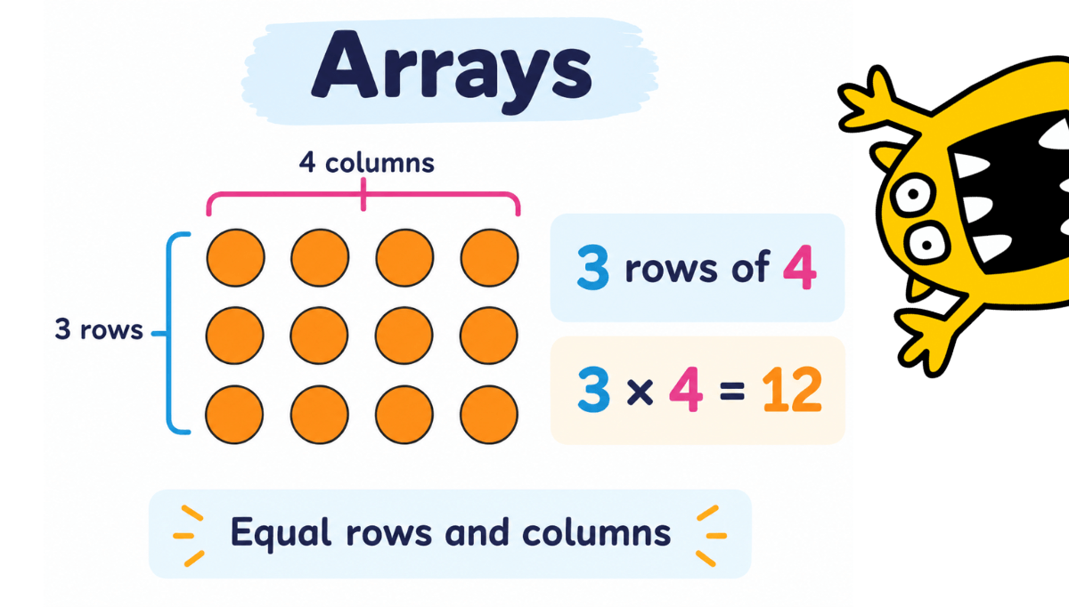 Primary school maths array showing 3 rows of 4 objects to represent 3 times 4 equals 12
