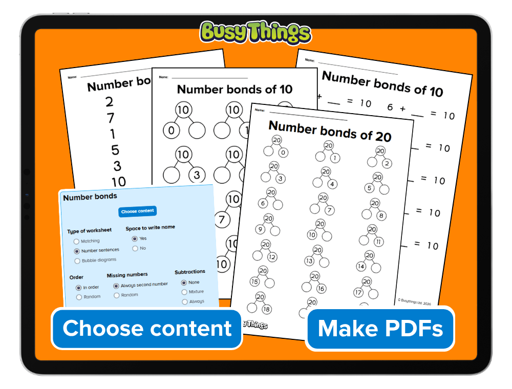 Busy Things DIY Resource Maker number-bond activity for extra maths practice