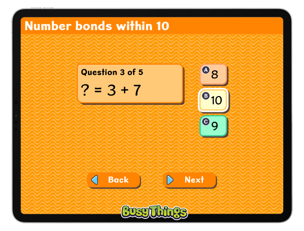 Busy Things Number Bonds Within 10 quiz for practising pairs of numbers that make 10
