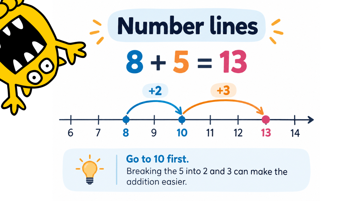 Maths Number line showing 8 plus 5 by jumping from 8 to 10, then from 10 to 13