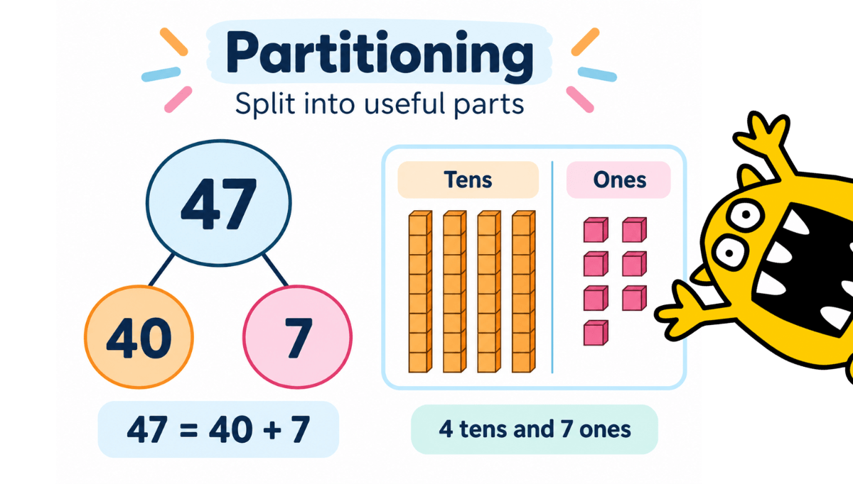 Example of partitioning 47 into 40 and 7 to show tens and ones