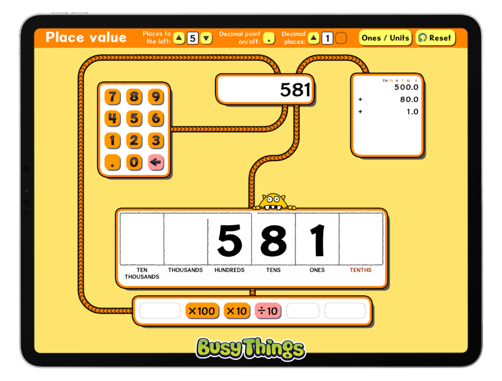 Busy Things Place Value activity showing a number broken into ones, tens, hundreds and more