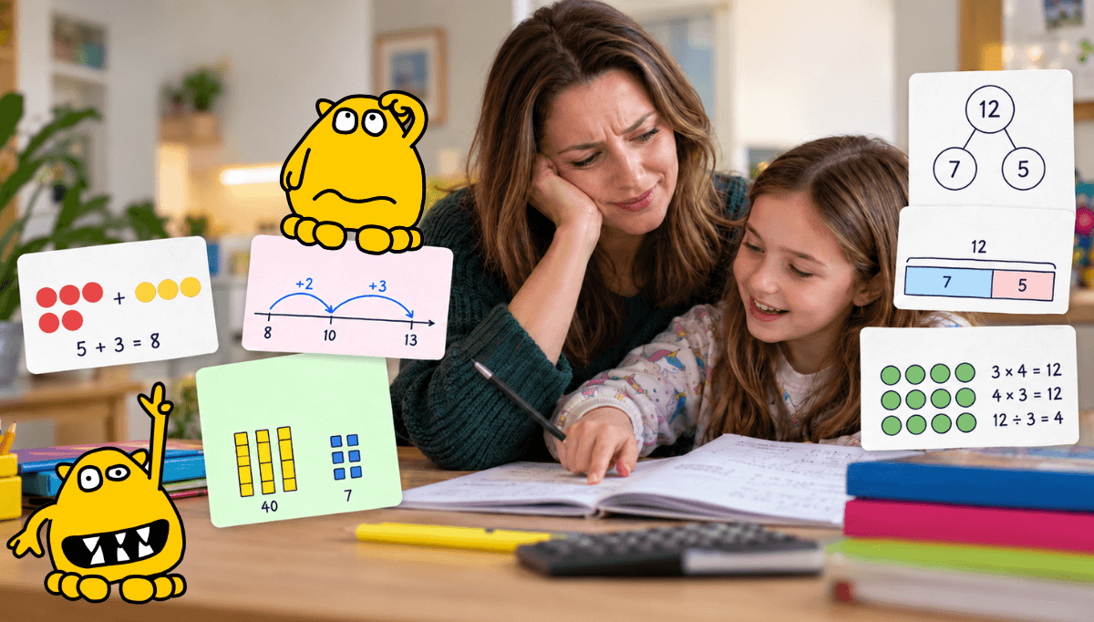 Parent and child working together on primary school maths homework at the kitchen table